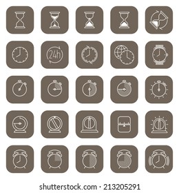 Twenty five different time and clock icons in pale brown squares with round corners | Large time icons collection featuring glass hour, alarm clock, countdown timer, watch and more