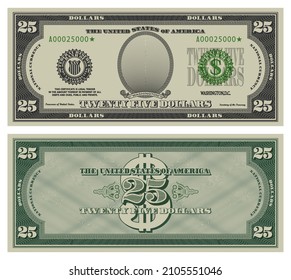 Twenty five dollars banknote. Gray obverse and green reverse fictional US paper money in style of vintage american cash.  Frame with guilloche mesh and bank seals