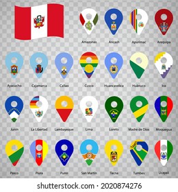 Twenty five flags the Provinces of Peru  -  alphabetical order with name.  Set of 2d geolocation signs like flags Departments of Peru.  Twenty five one 2d geolocation signs for your design. EPS10