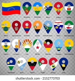 Twenty five flags the States of Venezuela -  alphabetical order with name.  Set of 2d geolocation signs like flags Provinces of Venezuela. Twenty five one 2d geolocation signs for your design. EPS10