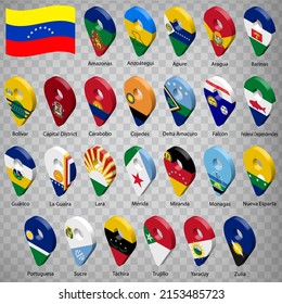 Twenty five flags the States of Venezuela -  alphabetical order with name.  Set of 3d geolocation signs like flags Provinces of Venezuela. Twenty five one 3d geolocation signs for your design. EPS10