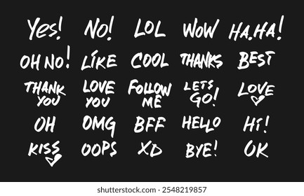 Twenty five funny handwritten inscriptions. White doodles and squiggles on a black background. Vector set