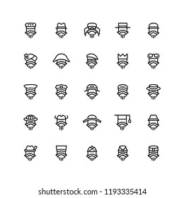 Twenty five  icons of men wearing different kinds of hats isolated on white background. Emoji and avatars flat style set.