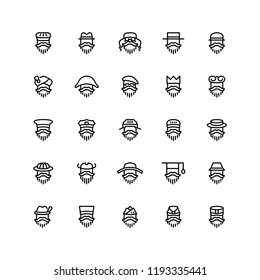 Twenty five  icons of men wearing different kinds of hats isolated on white background. Emoji and avatars flat style set.