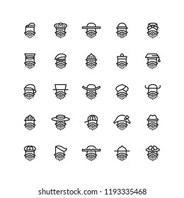 Twenty five  icons of men wearing different kinds of hats isolated on white background. Emoji and avatars flat style set.