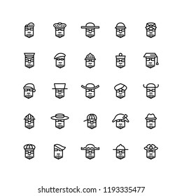 Twenty five  icons of men wearing different kinds of hats isolated on white background. Emoji and avatars flat style set.