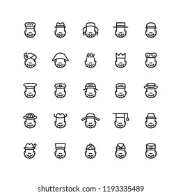 Twenty five  icons of men wearing different kinds of hats isolated on white background. Emoji and avatars flat style set.