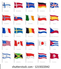 Twenty five isolated waving national flags on white background with inscription of countries names realistic vector illustration