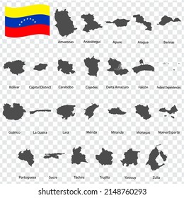 Twenty five Maps  Departments of Venezuela- alphabetical order with name. Every single map of Province are listed and isolated with wordings and titles. Bolivarian Republic of Venezuela. EPS 10.