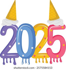 Twenty Twenty Five with Melted Ice cream cone over head concept, Cake Candles Decoration  vector icon design, 2025 welcome sign, festive holiday season symbol, new year party decor stock illustration