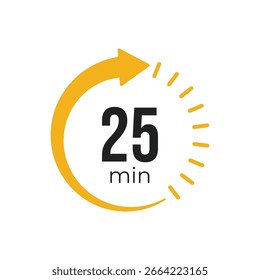Twenty five minute countdown timer icon with circular arrow design, representing stopwatch, quick timing, scheduling, deadline, and duration tracking concept.