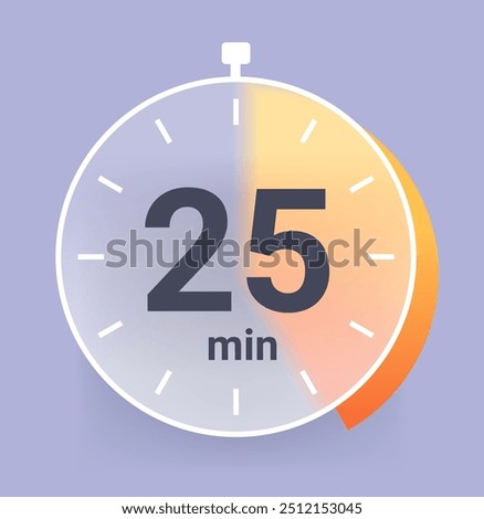 Twenty five minutes clock icon in glass morphism style. Vector symbol on gray background