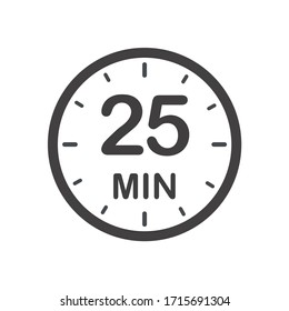 Twenty five minutes icon. Symbol for product labels. Different uses such as cooking time, cosmetic or chemical application time, waiting time...