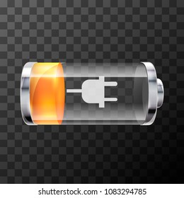 Twenty Five percent bright glossy battery icon with charging symbol on transparent background