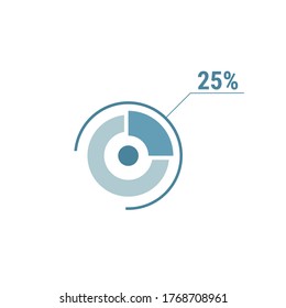 Twenty five percent chart, 25 percentage diagram. Vector circle chart design for web ui design. Flat vector illustration blue on white background.