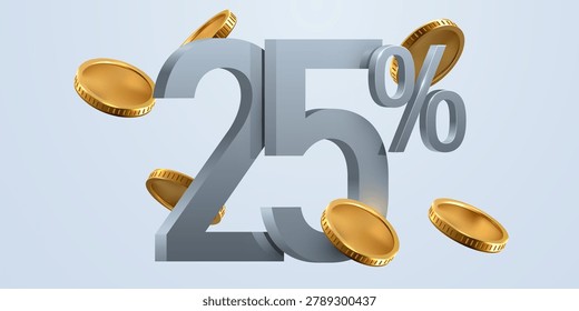 Twenty five percent discount banner with gold coins. Financial sale concept for marketing and retail. Vector illustration