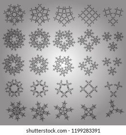 Twenty five vector snowflakes set for holiday Thanksgiving day, a simple hand-drawn winter design on white background in silver colors.
