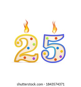 Twenty five years anniversary, 25 number shaped birthday candle with fire isolated on white