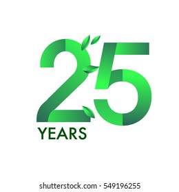 twenty five years anniversary celebration logotype with leaf and green colored. 25th birthday logo on white background