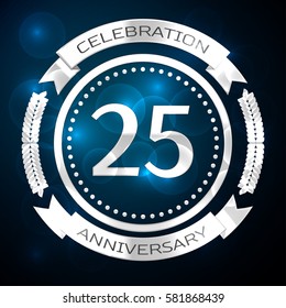 Twenty five years anniversary celebration with silver ring and ribbon on blue background. Vector illustration