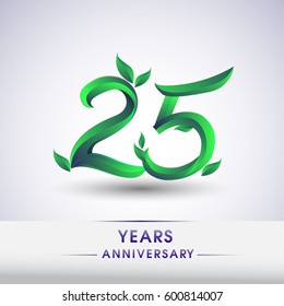 twenty five years anniversary celebration logotype with leaf and green colored. 25th birthday logo on white background.