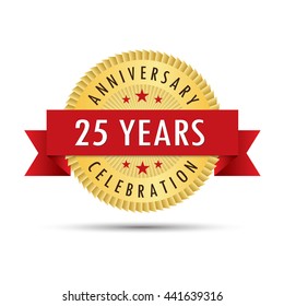 Twenty five years anniversary, twenty fifth anniversary celebration gold badge icon logo vector graphic design