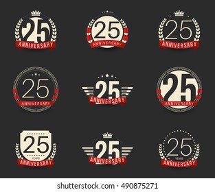Twenty five years anniversary logotype with branches, ribbons, wings, crowns. 25th anniversary logo collection. Vector illustration.