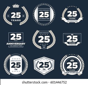 Twenty five years anniversary logotypes and badges. 25th anniversary logo collection.