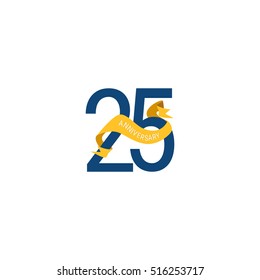 Twenty Five Years Anniversary with Yellow Ribbon. 25th Logo Celebration Isolated on White Background