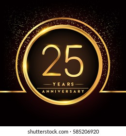 twenty five years birthday celebration logotype. 25th anniversary logo with confetti and golden ring isolated on black background, vector design for greeting card and invitation card.