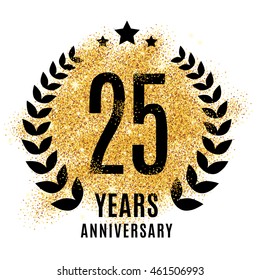 twenty five years gold anniversary symbol. 25th twenties. Golden glitter icon celebration for flyer, poster, banner, web header. Yellow sparkles event logo. Shine blur logotype.