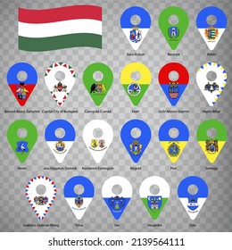 Twenty flags the Regions of  Hungary - alphabetical order with name.  Set of 2d geolocation signs like flags Regions of Hungary.  Twenty  geolocation signs for your design. EPS10.
