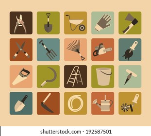 twenty flat icons in a rectangular shape with rounded corners depicting gardening tools in retro style 