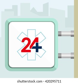 Twenty four available medical help. Emergency symbol star of life. Flat trendy modern vector illustration. Signboard conception.