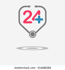 Twenty four available medical help.Stethoscope, Flat trendy modern vector illustration