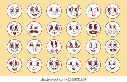 Twenty four cartoon faces, icons in groovy style. Vector doodle set