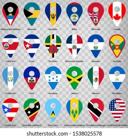 Twenty four Flags of American countries - alphabetical order with name.  Set of 2d geolocation signs like national flags of North and Central America. Twenty four geolocation signs. EPS10.