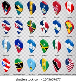 Twenty four Flags of American countries - alphabetical order with name.  Set of 3d geolocation signs like national flags of North and Central America. Twenty four 3d geolocation signs. EPS10.