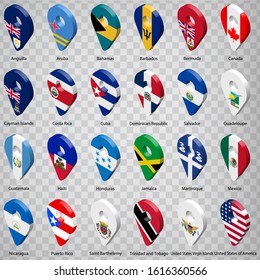 Twenty four Flags of American countries - alphabetical order with name.  Set of 3d geolocation signs like national flags of North and Central America. Twenty four 3d geolocation signs. EPS10.