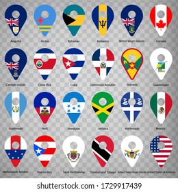 Twenty four Flags of American countries - alphabetical order with name.  Set of 2d geolocation signs like national flags of North and Central America. Twenty four 2d geolocation signs. EPS10.