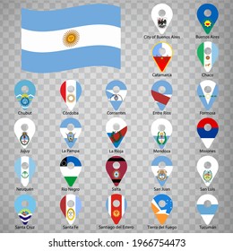 Twenty four flags the Provinces of Argentina -  alphabetical order with name.  Set of 2d geolocation signs like flags Provinces of Argentina.  Twenty four 2d geolocation signs for your design. EPS10
