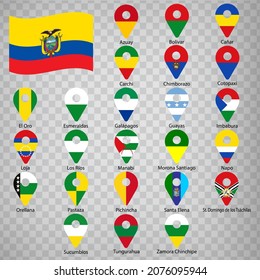 24 Flaggen die Provinzen Ecuadors - alphabetische Reihenfolge mit Namen.  Set von 2D Geolocation Zeichen wie Flaggen Provinzen von Ecuador. Zwanzig vierundzwanzig 2D Geolocation Zeichen für Ihr Design. EPS10