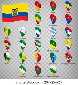 24 Flaggen die Provinzen Ecuadors - alphabetische Reihenfolge mit Namen.  Set von 3D Geolocation Zeichen wie Flaggen Provinzen von Ecuador. Zwanzig vierundzwanzig 3D-Geolokationszeichen für Ihr Design. EPS10