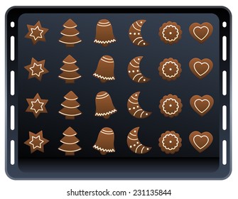 Twenty four gingerbread cookies on a baking plate. Isolated vector illustration on white background.