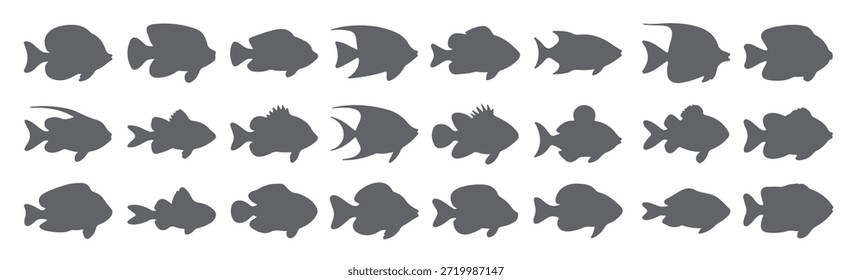 Veinticuatro siluetas de peces grises de varias Formas y tamaños