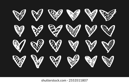 Twenty four hand drawn textured hearts. Doodles and squiggles. White chalk drawings on black background. Vector set