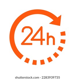 Twenty four hour with arrow loop icon, 24 hours cyclic sign, Opened order execution or delivery, All day business and service, Vector design illustration