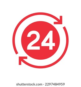 Twenty four hour with arrow loop icon, 24 hours cyclic sign, Opened order execution or delivery, All day business and service, Vector design illustration