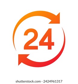 Twenty four hour with arrow loop icon, 24 hours cyclic sign, Opened order execution or delivery, All day business and service, Vector design illustration