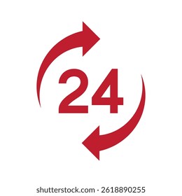 Twenty four hour with arrow loop icon, 24 hours cyclic sign, Opened order execution or delivery, All day business and service, Vector design illustration